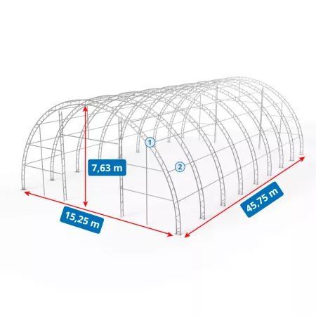Gebogene Zelthalle 15,25x45,75m PVC 750g/m2