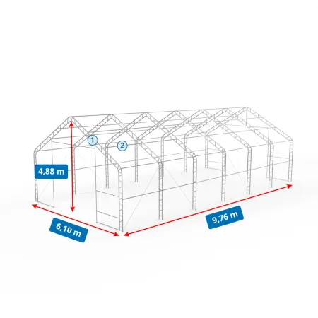 Zelthalle mit Schrägdach 6,1x9,76m PVC 750g/m2